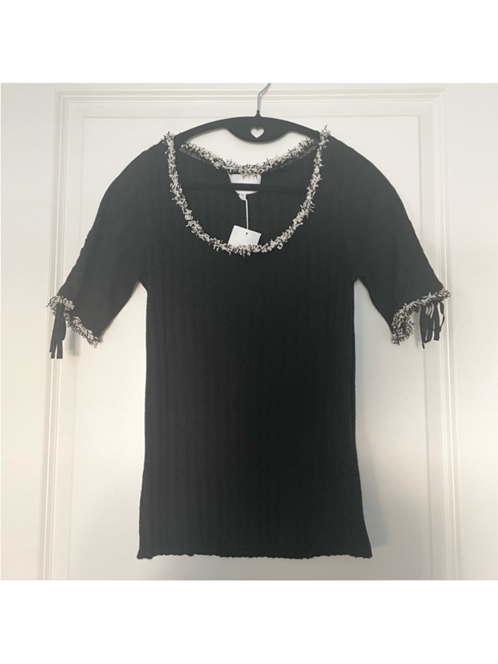 3.1 Phillip Lim Wool Ribbed Knit Top sweater Black Tweed-Trim Neckline xs